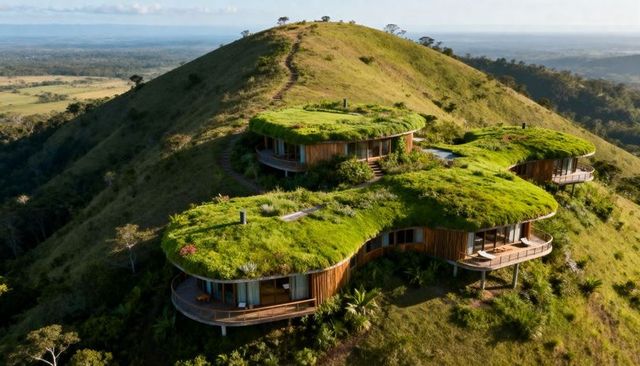 Interconnected eco-lodges blending with living green roofs on hilltop ridge, panoramic valley views