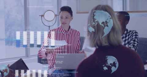 Female Leader Presenting Data with AR Overlays in Modern Office Meeting Collaboration