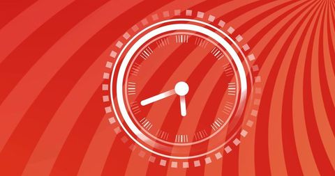 White analog clock on red radial background, modern abstract time concept