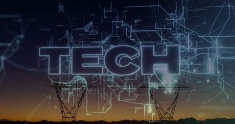 Glowing tech word over digital circuitry and power towers