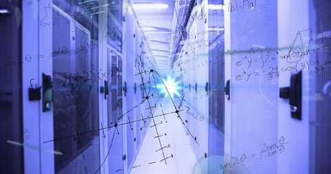 Mathematical formulas overlaying data servers with lens flare