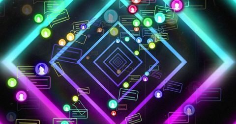 Vibrant digital interface with social media icons overlapping