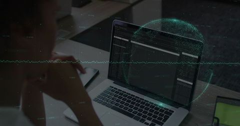 Woman Studying Code on Laptop with Holographic Waveform for Data Analytics