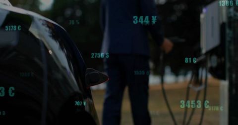 Businessman Charging Electric Vehicle with Currency Overlays