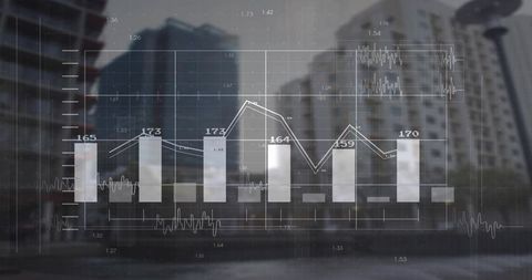 Displaying translucent data overlay over cityscape with bar chart, line graph, waveform