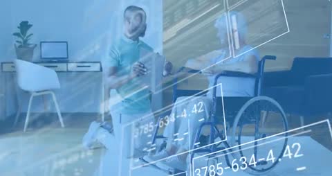 Physio Guiding Wheelchair User on Health Plan Highlighting Progress with Metrics