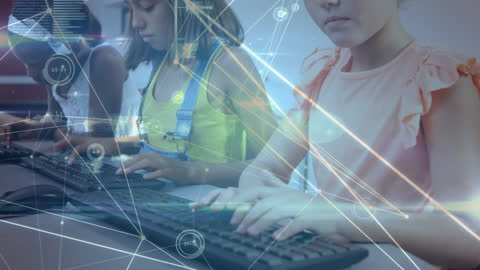 Children Typing in Digital Classroom with Network Connections