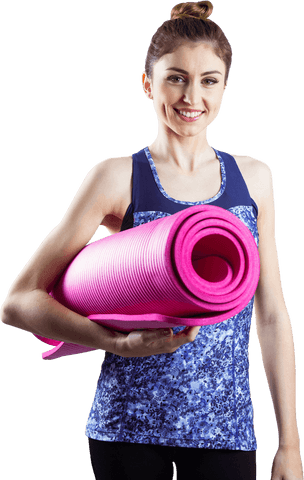 Portrait transparent background woman holding pink yoga mat