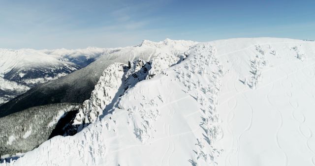 Panoramic aerial view showcasing vast snow-covered mountain peaks and dense forest below under clear blue sky. Perfect for winter sports promotion, nature and travel blogs, outdoor adventure websites, and environmental conservation presentations.