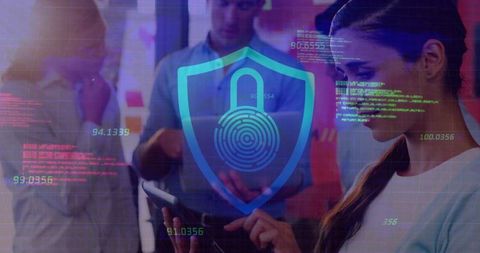 Woman analyzing data with cybersecurity graphics in modern office