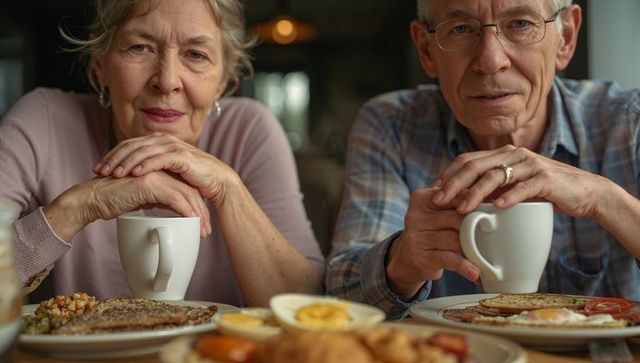 Sipping senior couple sharing cozy breakfast in cafe holding white mugs and smiling