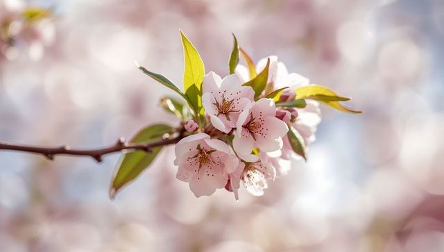 Soft Pink Cherry Blossom Cluster Blooming on Branch with Bokeh Spring Light and Leaves