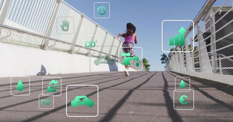 Black woman running uphill on bridge with floating green sustainability and fitness icons