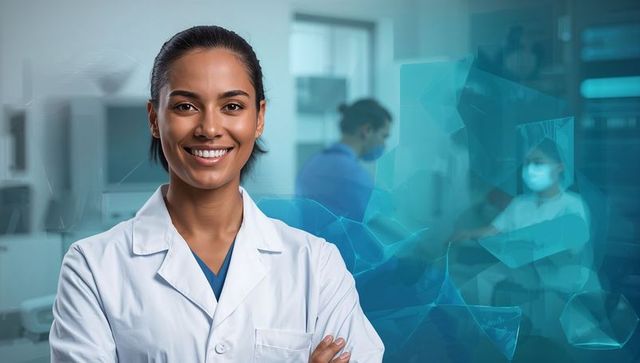Smiling female doctor in white coat with masked patient behind glass and blue tech overlay