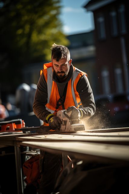 Construction worker using a power saw on a construction site during daytime. The worker is wearing a safety vest and is focused on the task. Ideal for use in articles, marketing materials, and websites related to construction, woodworking, safety, and manual labor.