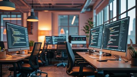 Modern Tech Office Workspace with Dual Monitors