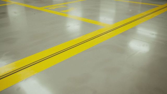 Minimalist geometric yellow floor markings on smooth concrete