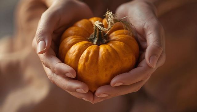 Hands cradling mini ribbed pumpkin closeup warm autumn harvest on neutral beige
