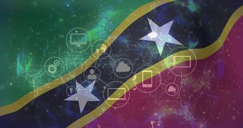 Cosmic tech banner displaying cloud, monitor and mobile icons connecting digital network