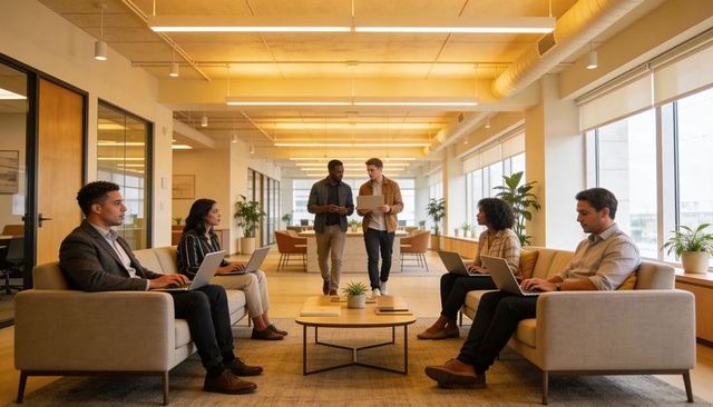 Colleagues collaborating in modern open-plan office lounge using laptops and tablets