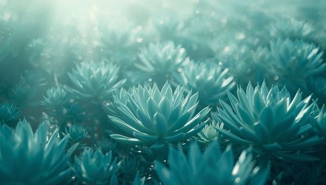 Lush succulent rosette illuminated by teal sunlight with dew drops