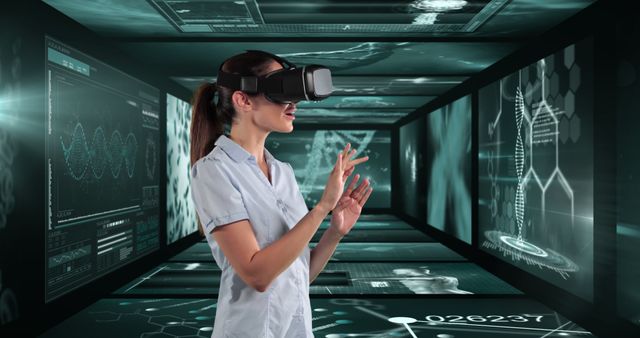 The woman is using a VR headset, engaging with digital holograms and futuristic technology. Perfect for illustrating the advancement of VR technology, interactive experiences, and high-tech innovation in sectors such as education, training, gaming, and virtual health. This can be used in presentations or marketing materials to convey the future of tech and immersive digital solutions.