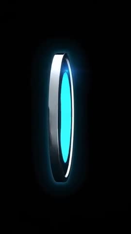 Rotating Metallic Cue Ring Revealing Glowing Cyan Disc with Lens Flare Vertical Video
