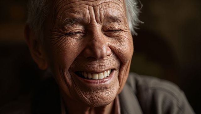 Senior asian man smiling with closed eyes showing teeth closeup portrait expressing joy