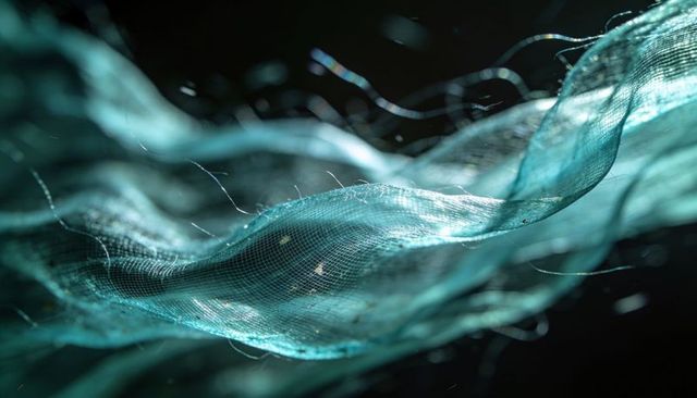 Teal mesh fabric undulating in macro backlight revealing delicate fibers and woven texture