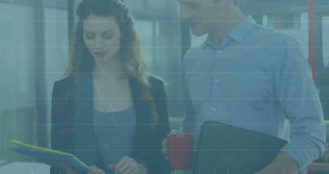 Colleagues Discussing Data with Flowing Infographics