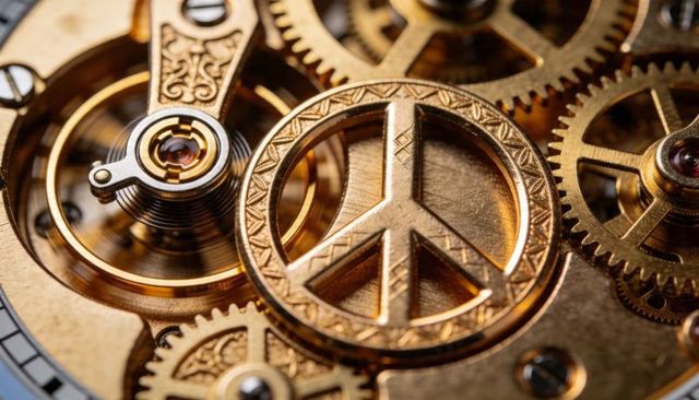 Rotating golden watch movement revealing engraved peace symbol in brass gears