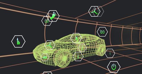 3d car model with digital icons representing sustainable ev technology