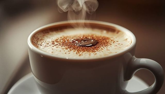 Steaming Cup of Cappuccino with Cocoa Powder in Coffee Shop