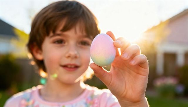 Young boy presenting pastel easter egg with sun flare in suburban garden at sunset