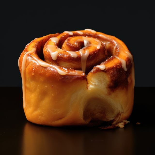 Cinnemon roll with icing on black background, created using generative ai technology. Sweet food, treat and bakery confection concept digitally generated image.