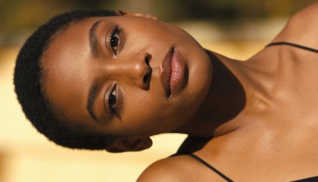 Reclining woman with short cropped hair soaking golden hour sunlight and radiant skin