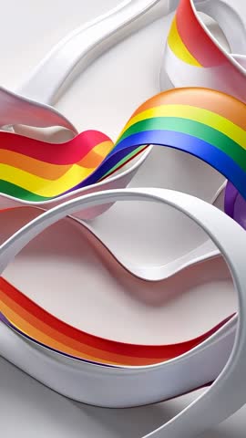 Vertical abstract ribbon loops with rainbow gradient flowing through white sculptural forms