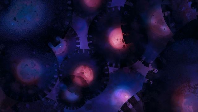 Digital gears with futuristic glow in textured background