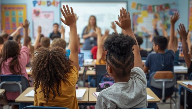 Engaged primary school students enthusiastically raising hands
