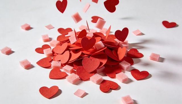 Falling red paper hearts and pink foam squares forming confetti pile on white surface