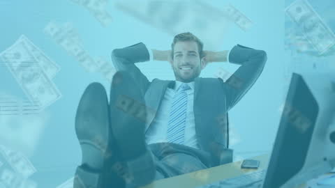 Confident Businessman Relaxing in Office with Floating Banknotes