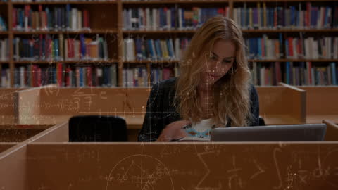 Focused Student Studying in Library with Mathematical Equations