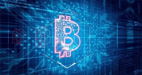Neon Bitcoin Symbol in Futuristic Digital Grid