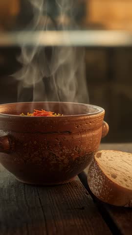 Vertical video showcasing steaming rustic soup in clay bowl with crusty bread on wood table