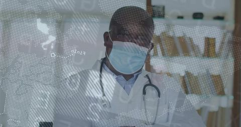 Innovative Doctor with Digital World Map Overlay Confidently Standing