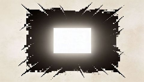 Glowing rectangular panel with pixelated black burst and distressed grunge halo on beige