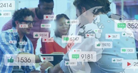 Team Analyzing Digital Metrics with Global Impact Overlay