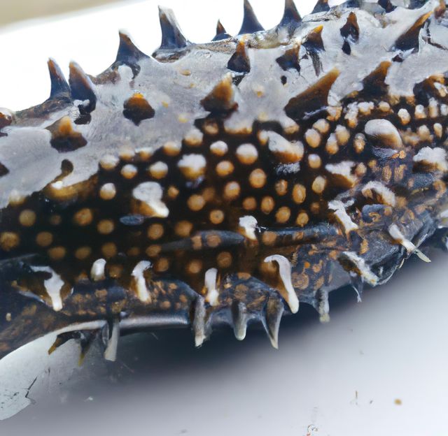 This image captures the intricate details of a sea cucumber's spiky and textured skin. Ideal for educational materials on marine biology, articles on aquatic ecosystems, or as an interesting visual component in scientific presentations. Perfect for illustrating the unique and diverse organisms found in the ocean.