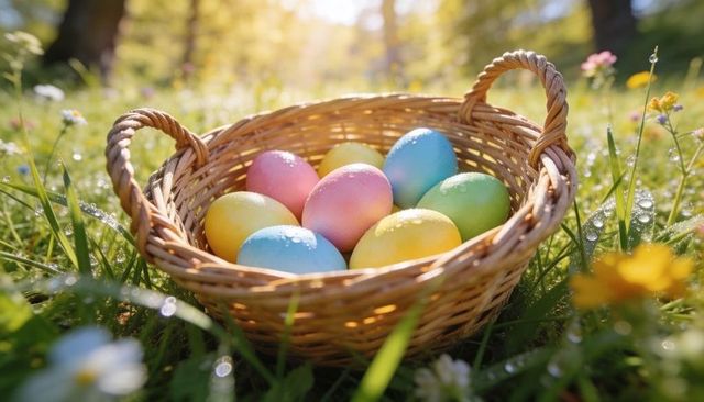 Sunlit wicker easter basket holding pastel eggs on dewy meadow at sunrise with bokeh glow