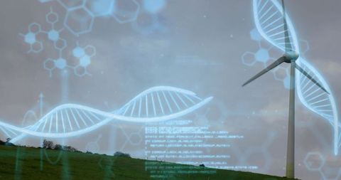 Wind turbine with dna helix hologram illustrating renewable energy and biotechnology fusion